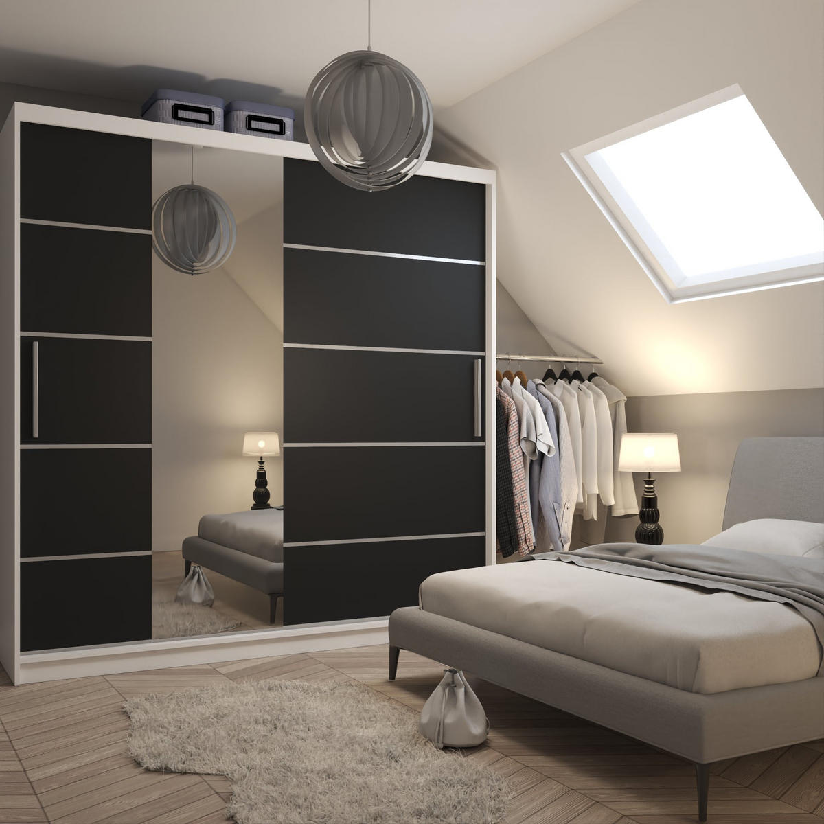 SCHWEBETÜRENSCHRANK Verona MBP, Weiß/Schwarz Matt, 200 cm, mit Spiegel - Schwarz, Holz (200/216/60cm) - B BELINI GROUP