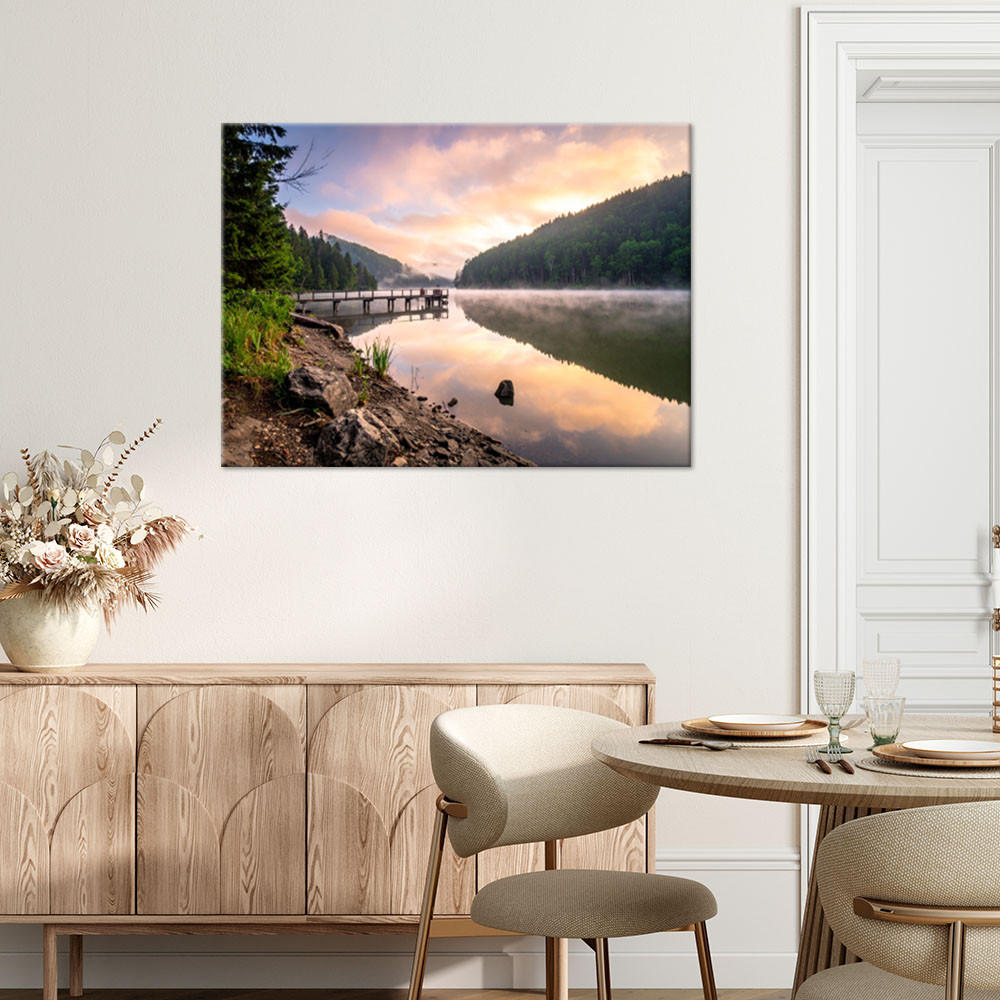 LEINWANDBILD Aussicht See Steg Natur 90x60cm - Grau, Textil (90/60cm) - Feeby