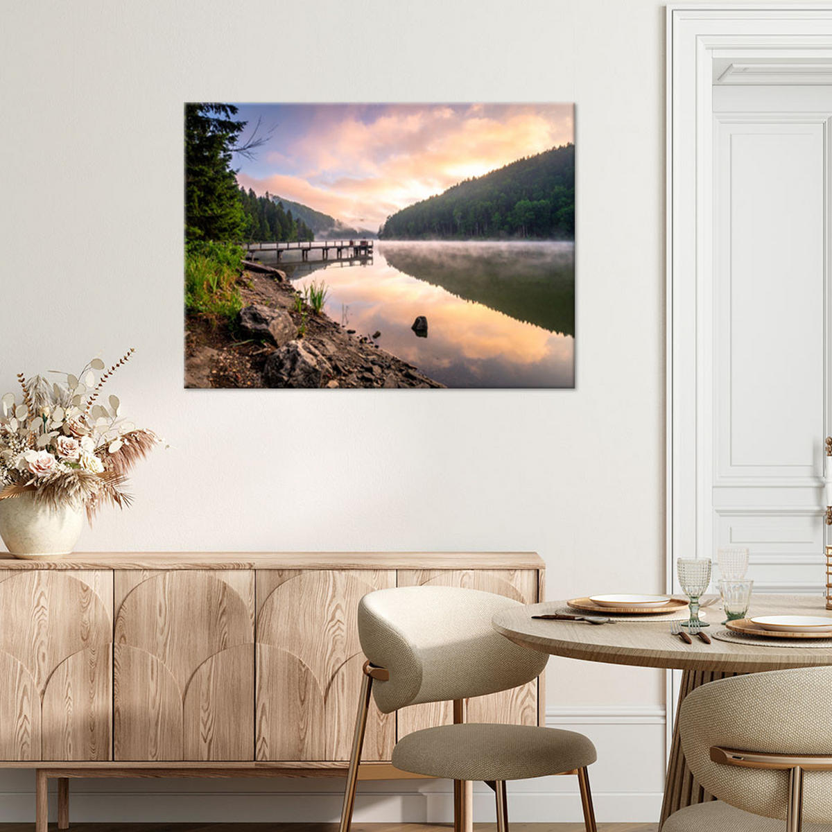 LEINWANDBILD Aussicht See Steg Natur 90x60cm - Grau, Textil (90/60cm) - Feeby