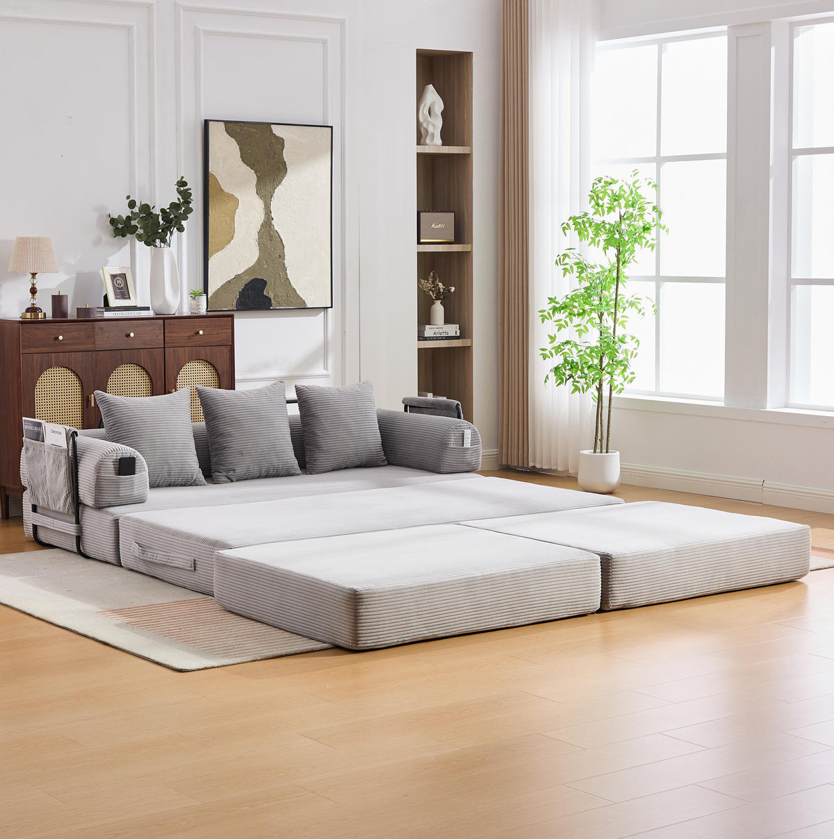 SOFA modular mit Hocker 200 x 190 cm Cord Hellgrau - Hellgrau, Kunststoff (190/200cm) - Meubliv
