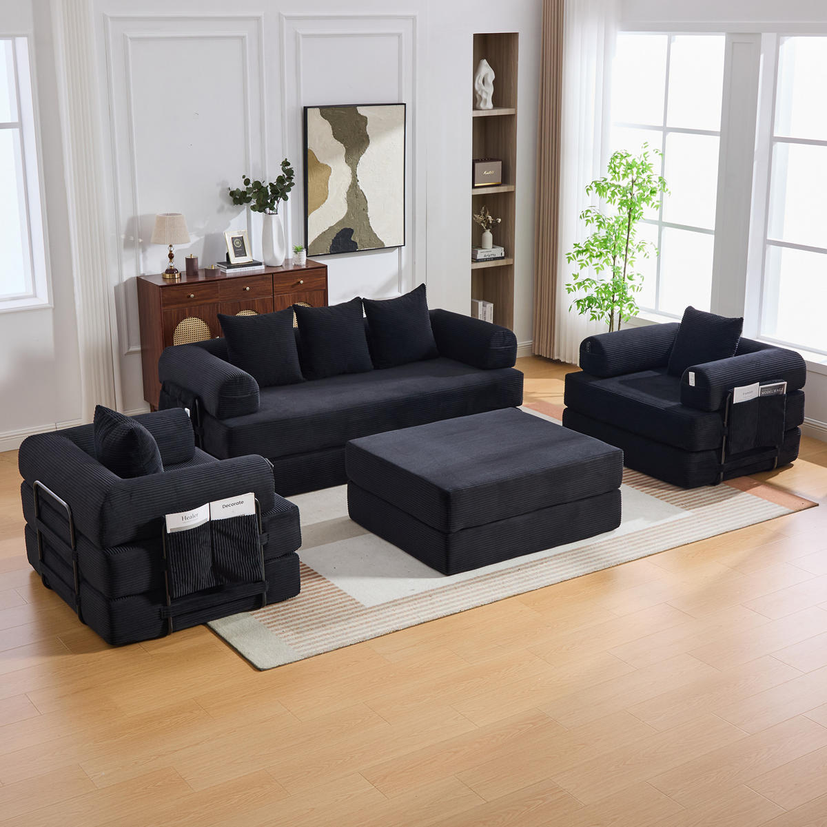 SOFA modular mit Hocker 200 x 94 x 67 cm Cord Black - Schwarz, Kunststoff (190/67/312cm) - Meubliv