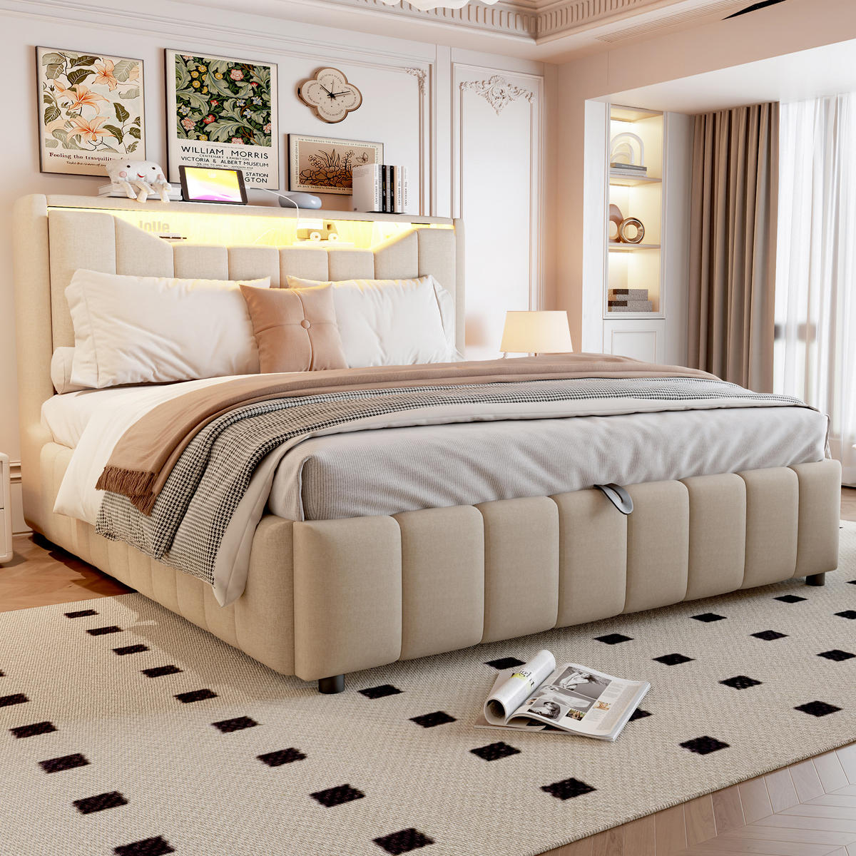 STAURAUMBETT 140/200 cm mit Hydraulik und LED, DE-41942, in Beige - Beige, Metall (140/200cm) - ComfortXL