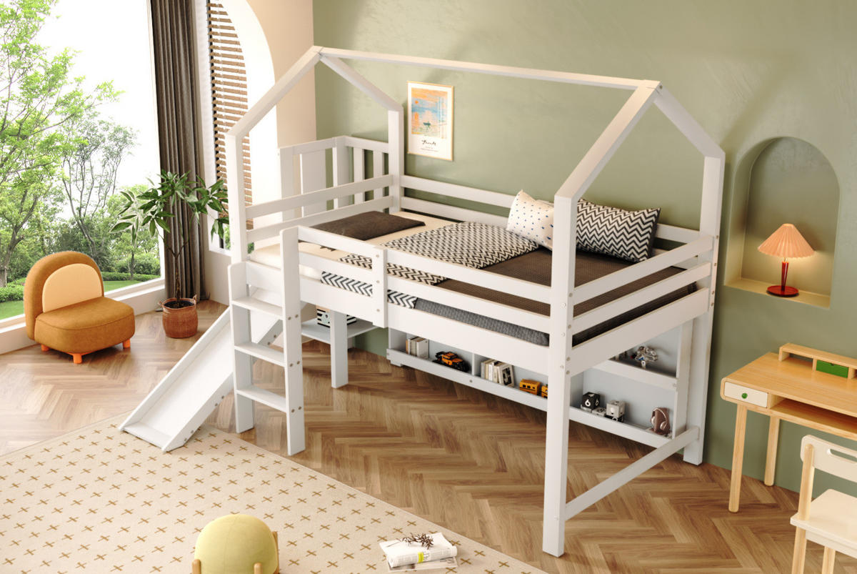 HAUSBETT 90/200 cm Weiß aus Massivholz und MDF mit Rutsche und Stauraum - Weiß, Holz (90/200cm) - OKMYHOME