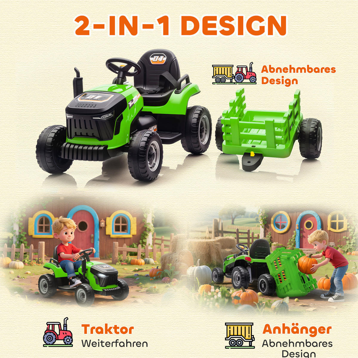 KINDER-ELEKTROTRAKTOR 3-Gang mit Anhänger, 2 Motor, für 3-8 Jahre, Grün - Orange, Metall (139/58/55cm) - AIYAPLAY