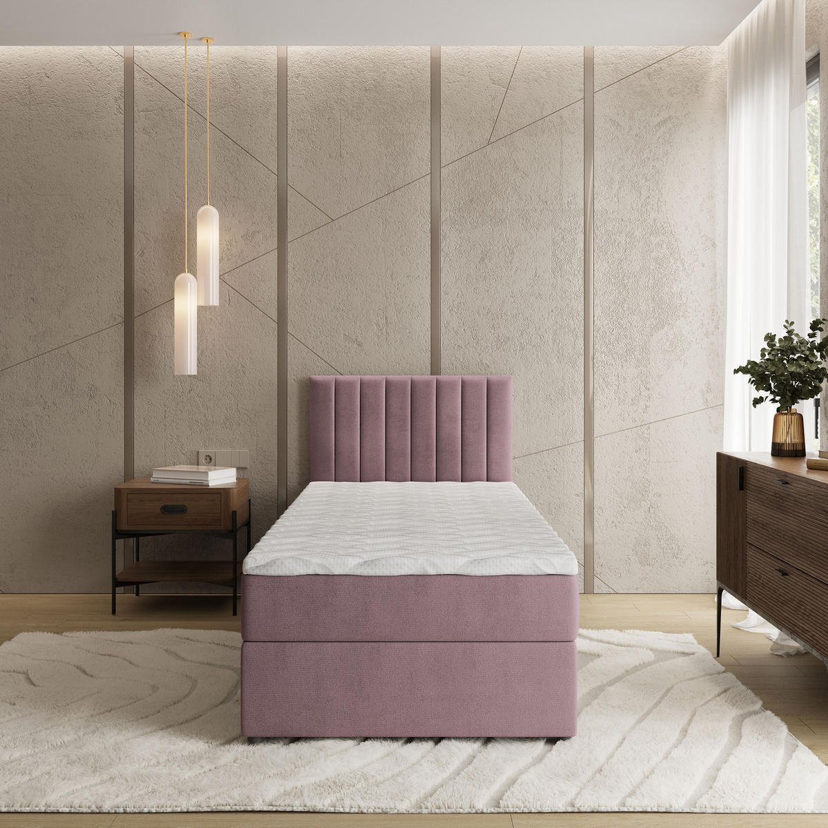 BOXBETT BRESEL 100 100x200 cm mit Matratze und Topper, H2+H3 - Rosa - Rosa, Holz (100/200cm) - MASSENO