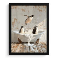 GERAHMTES BILD Vintage - Pinguin - Badewanne - Schaumstoff 30x40 cm - Schwarz, Papier (30/40cm) - MuchoWow