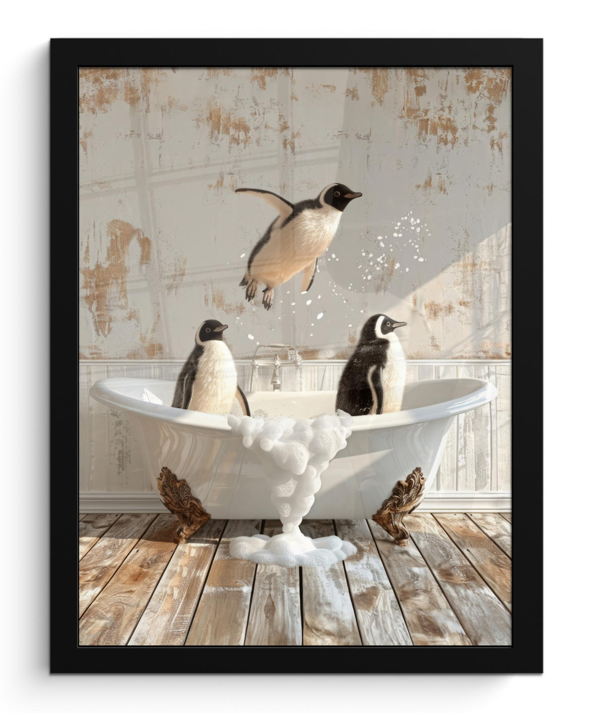 GERAHMTES BILD Vintage - Pinguin - Badewanne - Schaumstoff 30x40 cm - Schwarz, Papier (30/40cm) - MuchoWow