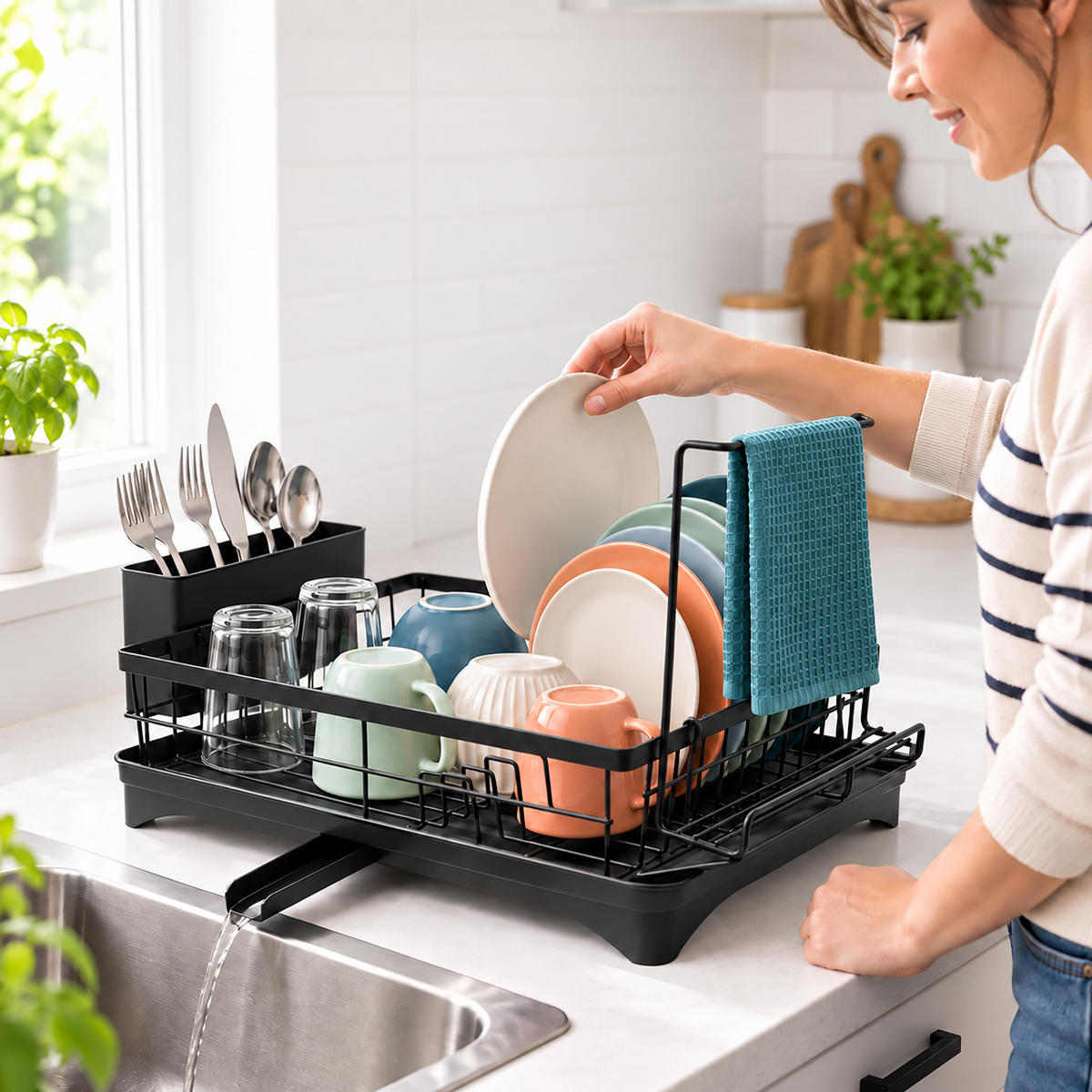 ABTROPFGESTELL Schwarz mit Abfluss und Stange 51 cm - Schwarz, Kunststoff/Metall (51/27.5/29.5cm) - Relaxdays