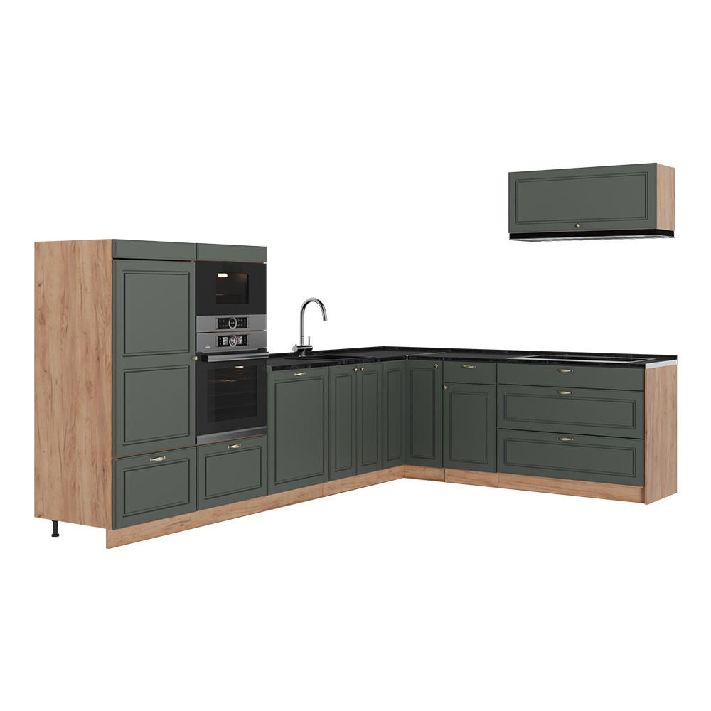 HÖRNKÖK Fame-Line, Grönt och guld lanthus/Goldkraft ek, 327 x 227 cm, AP Antracit - Grön/Honungsek, Träbaserade material (327/153.6/60cm) - Vicco