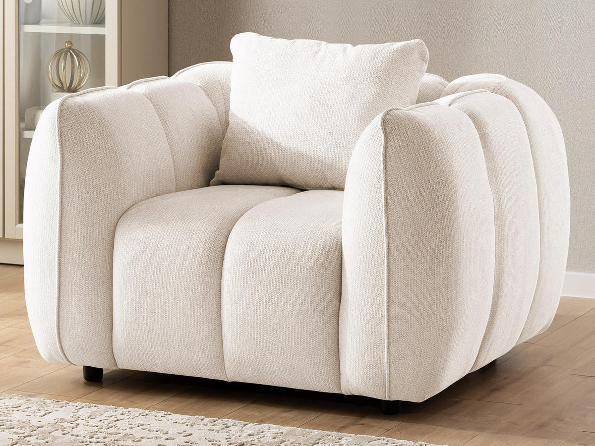 SITZGARNITUR 3+1 Nubira in tief gesteppter Bubble-Optik aus weichem Creme Strukturstoff im modernen Design - Creme/Schwarz, Holz/Kunststoff (228/69/89cm) - S-Style Möbel