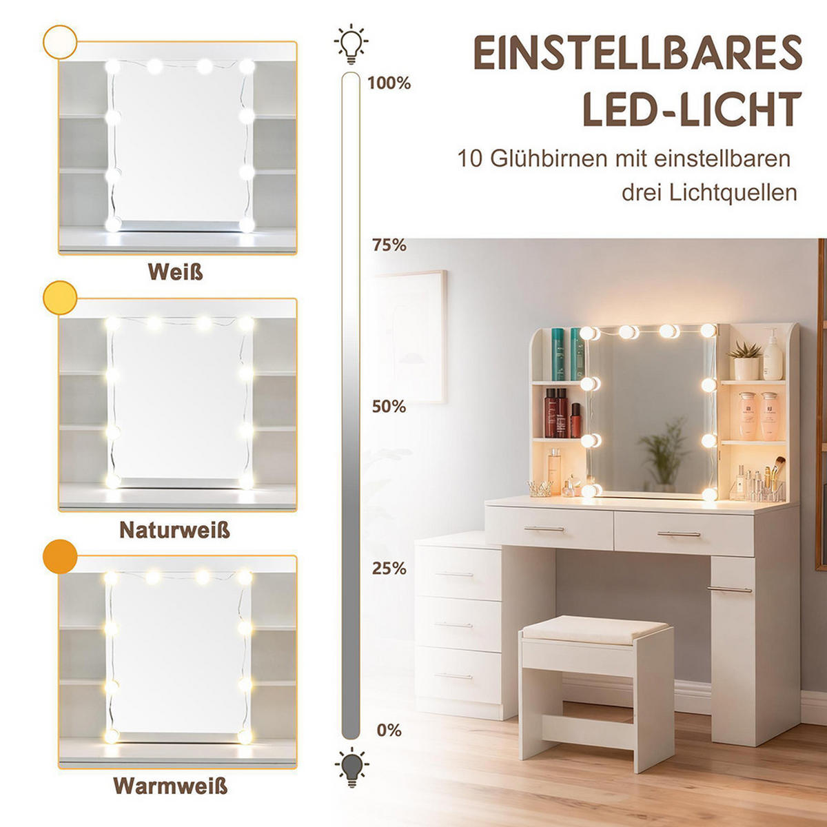 SCHMINKTISCH L100 x B40.5 x H136cm,Weiß - Weiß, Holz (40.5/136/100cm) - KOMHTOM