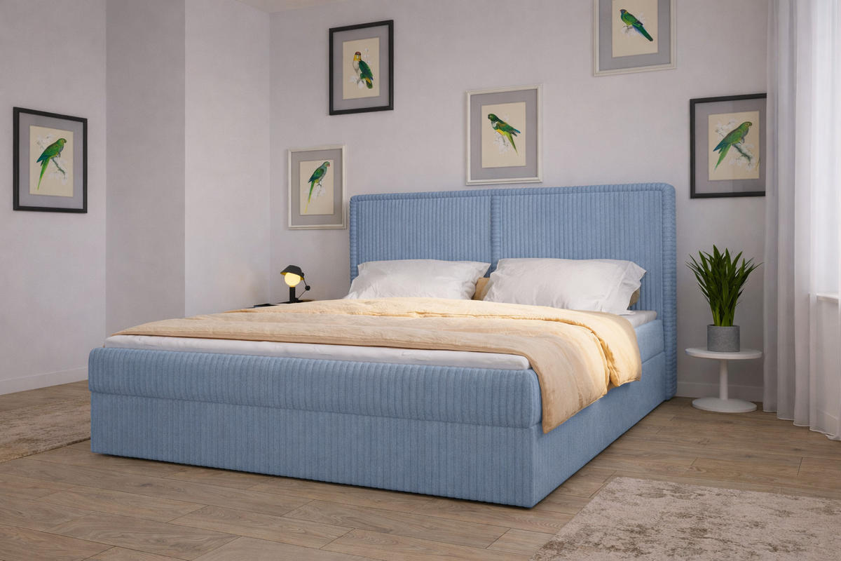 BOXBETT 04 160 x 200 cm - Ambience – Modernes Polsterbett mit Bettkasten, Topper und gepolstertem Kopfteil, Stoffbezug, Stauraumbett - Hellblau, Holz (160/200cm) - ROYAL24_MARKT