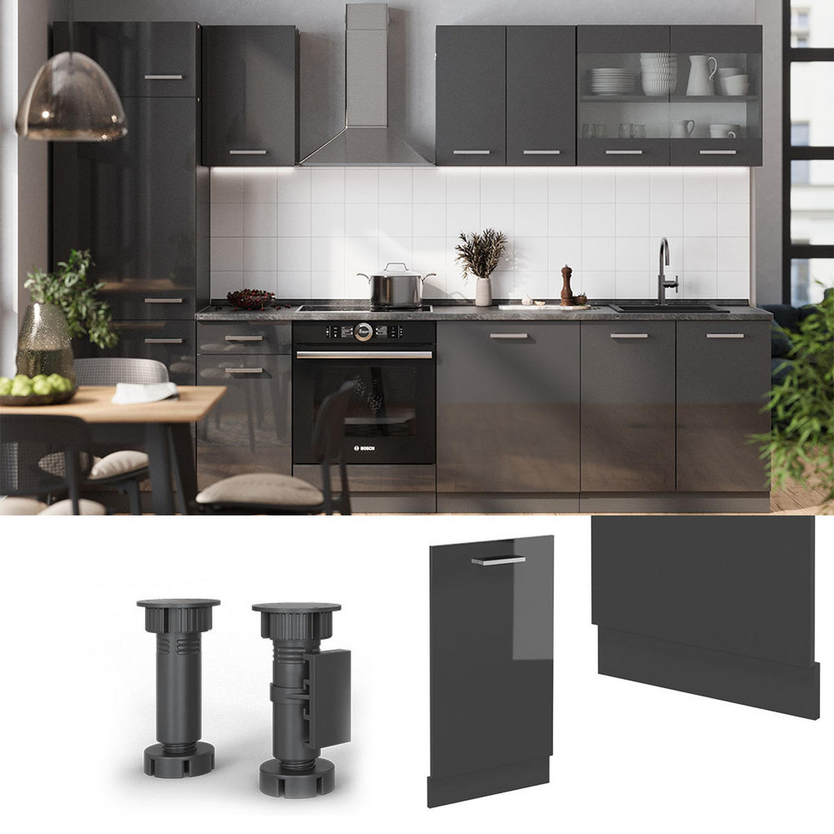 GESCHIRRSPÜLBLENDE R-Line Anthrazit Hochglanz 45 cm ohne Arbeitsplatte - Schwarz Hochglanz/Anthrazit, Holzwerkstoff (45/81.8/1.6cm) - Vicco