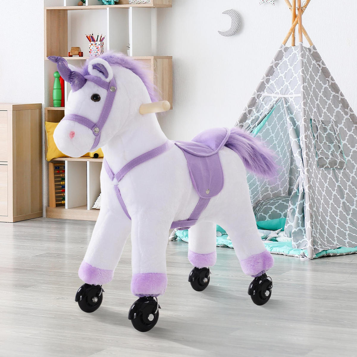 REITPFERD auf Rollen Fortbewegung Spielpferd Reittier Wiehern Plüsch Lila - Weiß, Holz (23/60/55cm) - HOMCOM