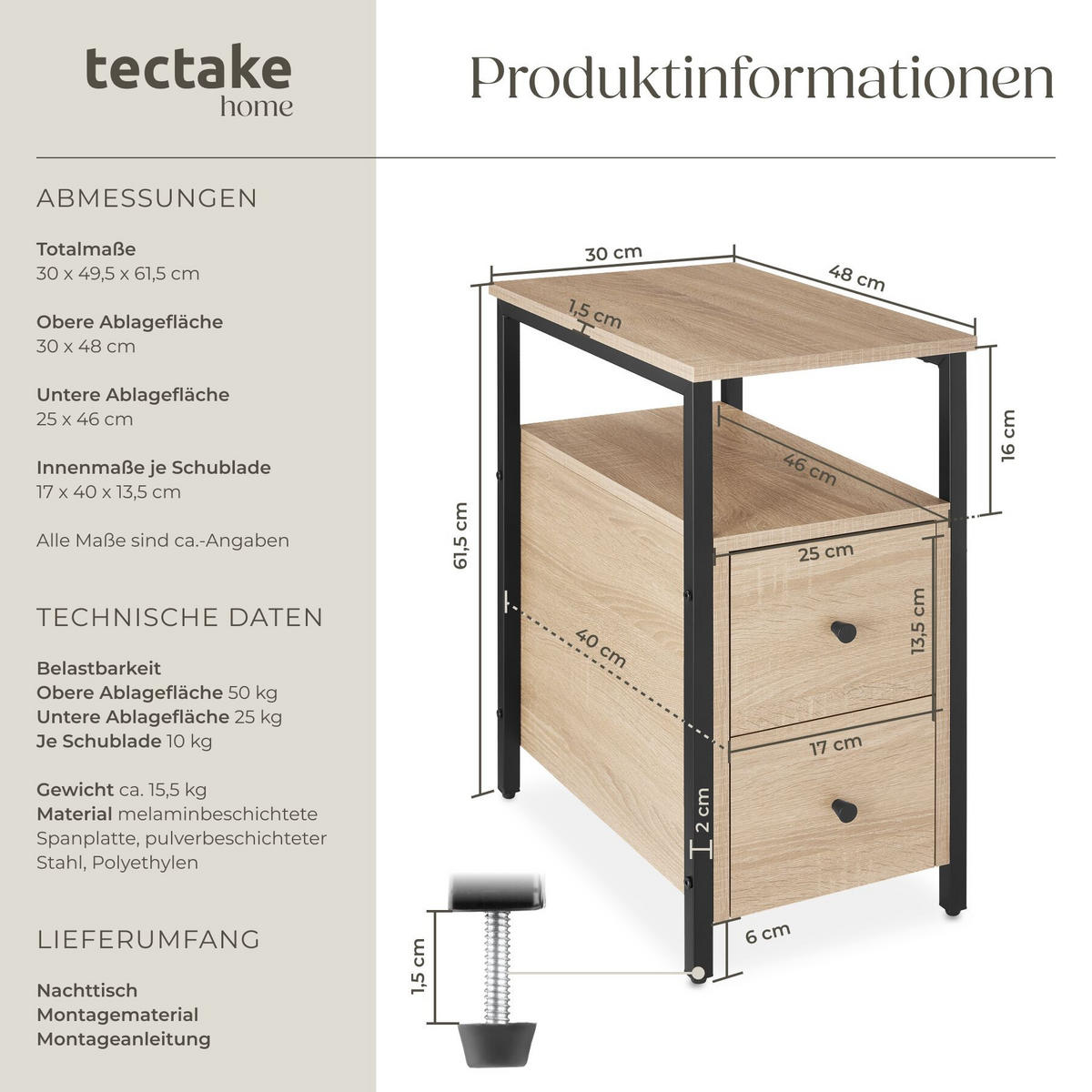 NACHTSCHRANK Tullamore, 30 x 49,5 x 61,5 cm, Industrial Holz hell, Eiche Sonoma - Naturfarben, Holzwerkstoff (30/61.5/49.5cm) - tectake