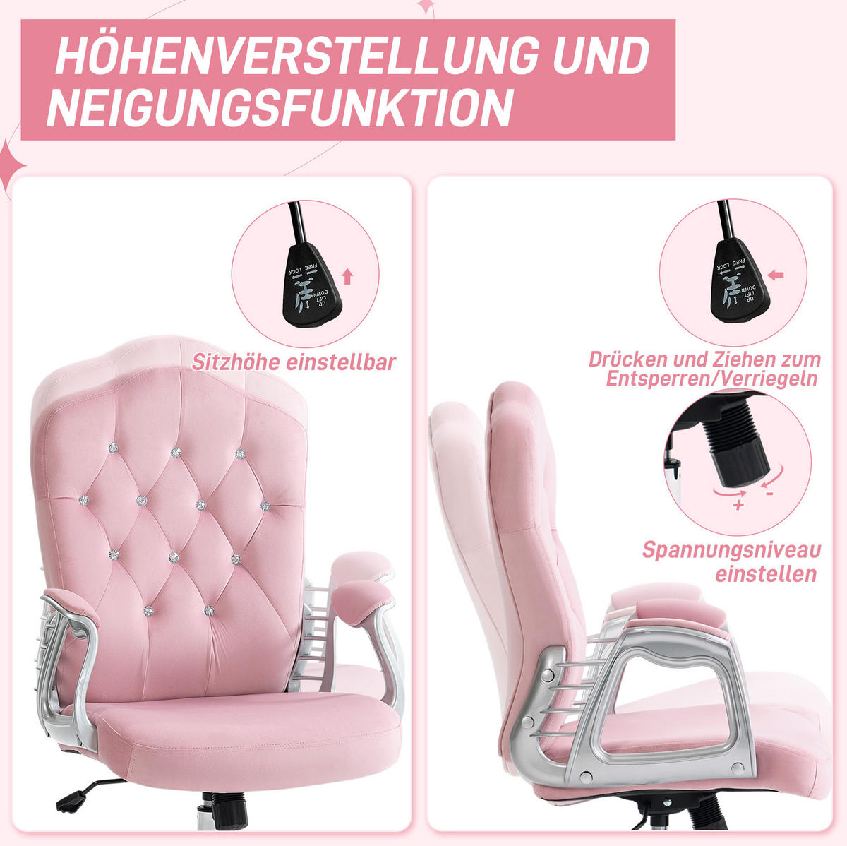 KANCELÁRSKA stolička 61/61/104-114 cm ružová s hojdacou funkciou z polyesteru - pink, plast (61/114/61cm) - OKWISH