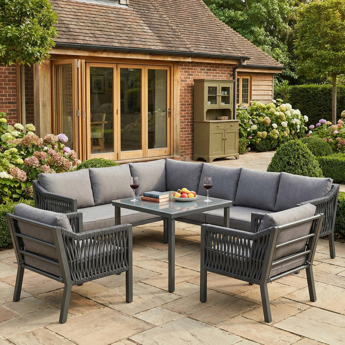 DINING-LOUNGESET L-Shaped 8-Person, inkl. 1 Esstisch & 2 Sesseln - Grau, Textil - Coonoor