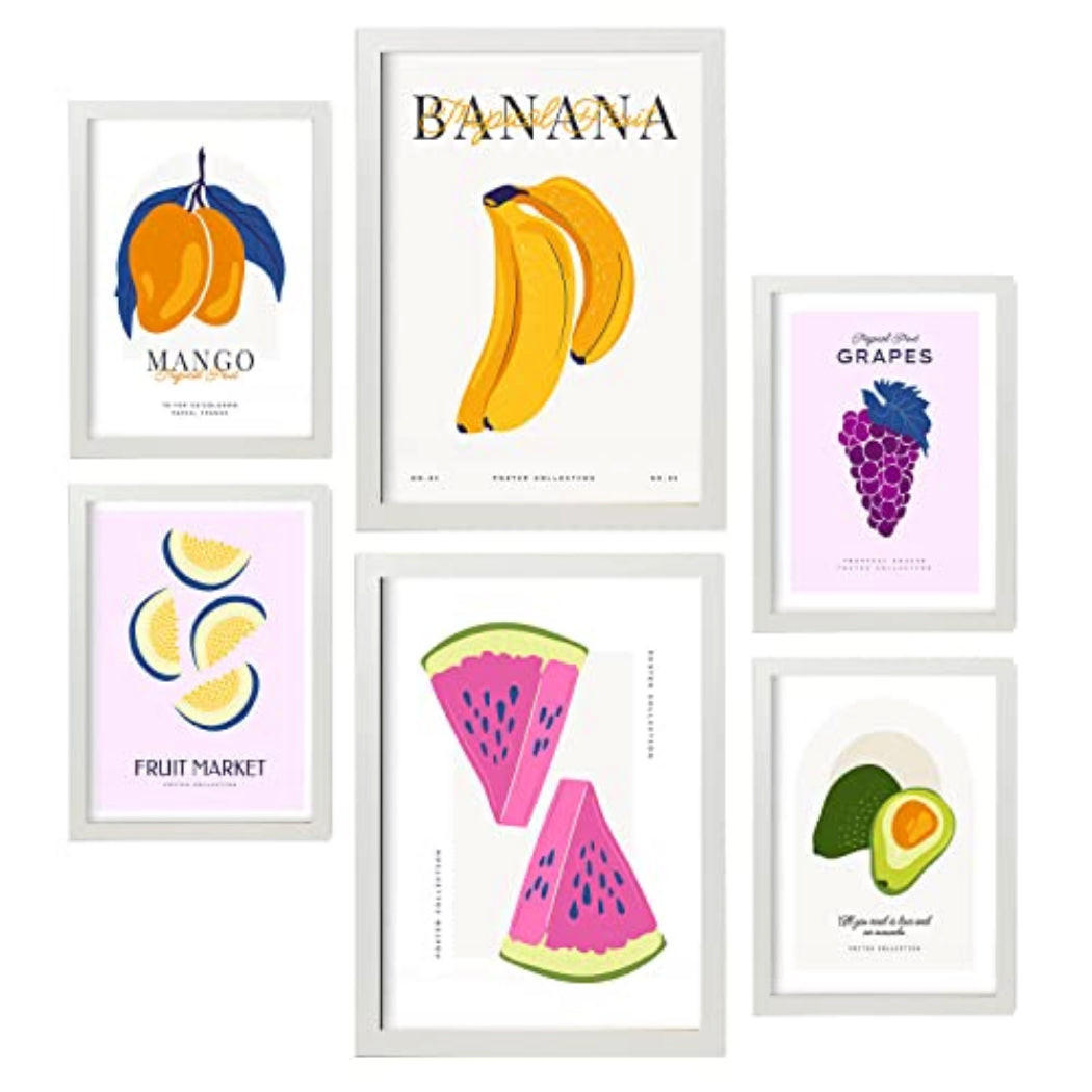 POSTER Set Mit 6 Lebensmittel Und Ernährungs Sommerfrüchte Natur Und Ernährungs Für Innenarchitektur A3 & A4 Weißer Rahmen - Weiß, Papier (29/3cm) - Nacnic