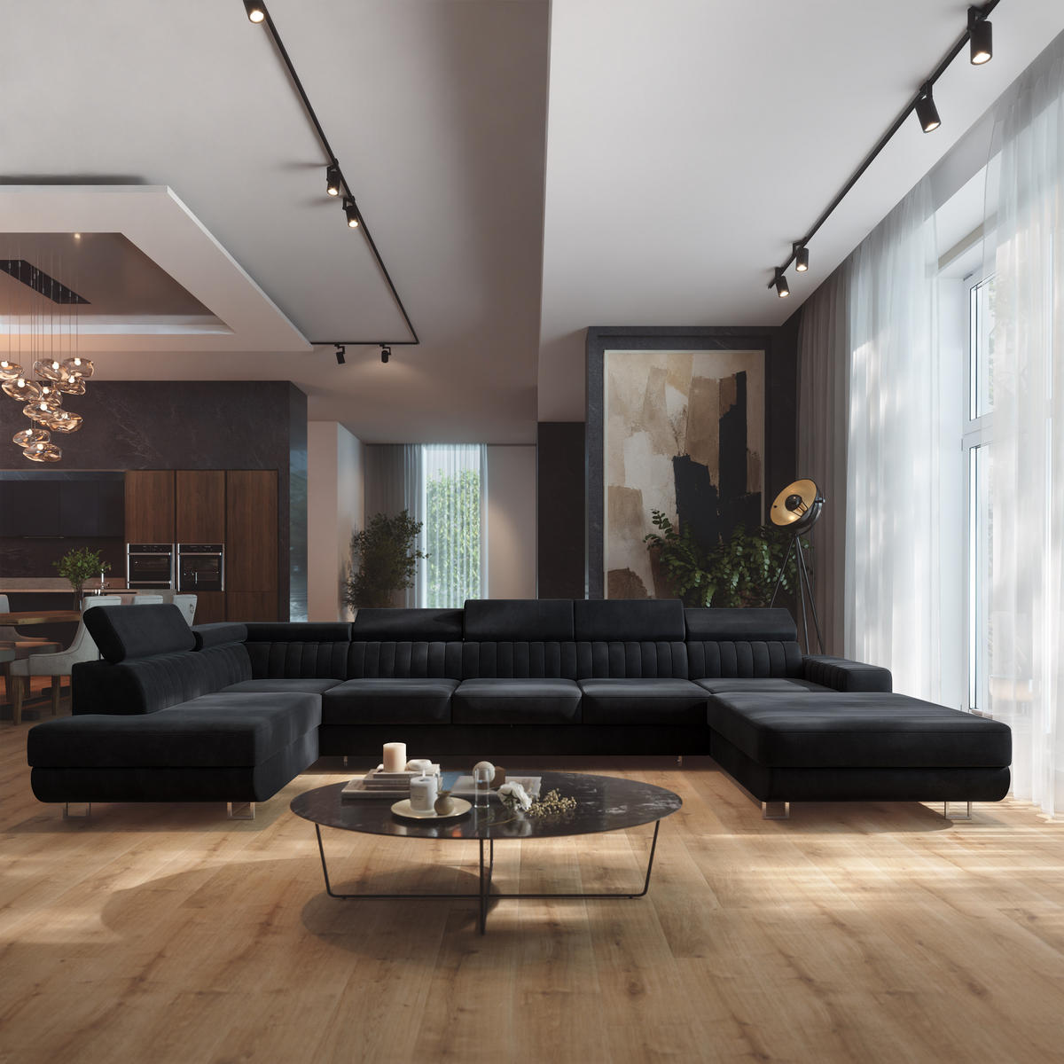 WOHNLANDSCHAFT GAIAN Schwarz Velours-Stoff mit Schlaffunktion - Schwarz, Holz (412/88/190cm) - MASSENO