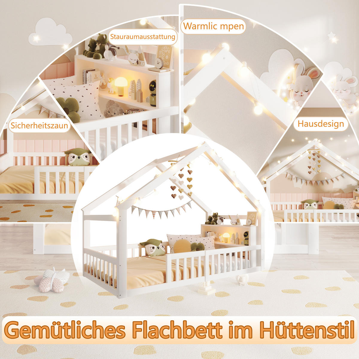 HAUSBETT 90/190 cm in Weiß mit Regal und LED im Cottage-Design - Weiß, Holzwerkstoff (90/190cm) - STILVORA