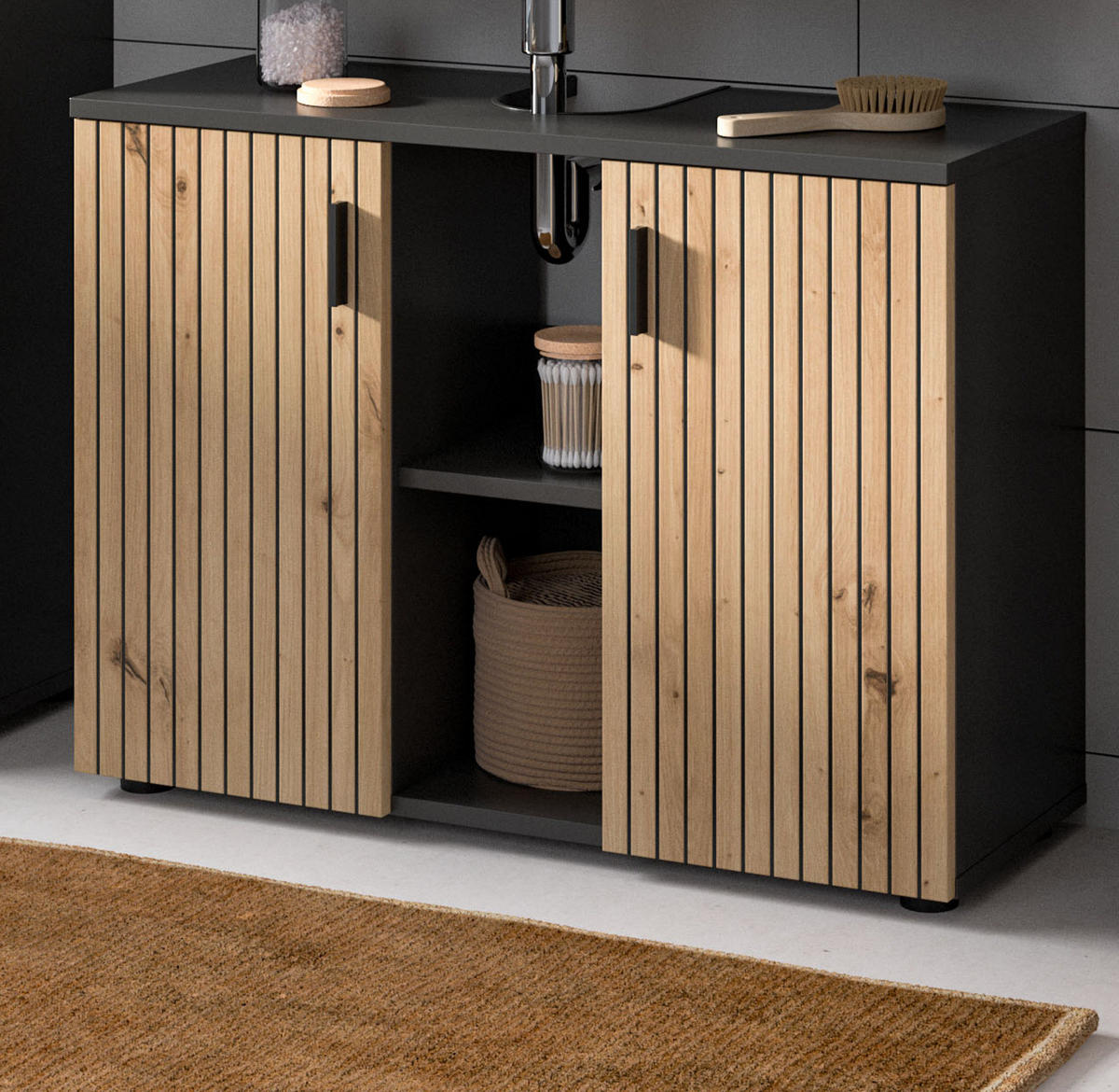 WASCHBECKENUNTERSCHRANK Eiche Artisan, grau 80 cm, Badezimmer Unterschrank mit Rillen-Optik - Schwarz/Eiche Artisan, Holzwerkstoff/Kunststoff (80/59/30cm) - Inn.Furn