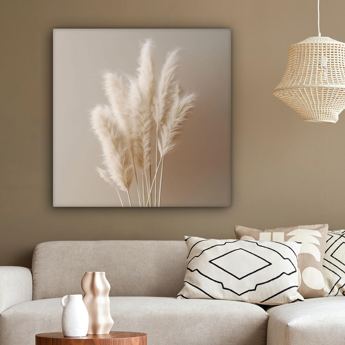 LEINWANDBILD Pampasgras - Federn - Pastell - Weiß 90x90 cm - Naturfarben, Textil (90/90cm) - MuchoWow