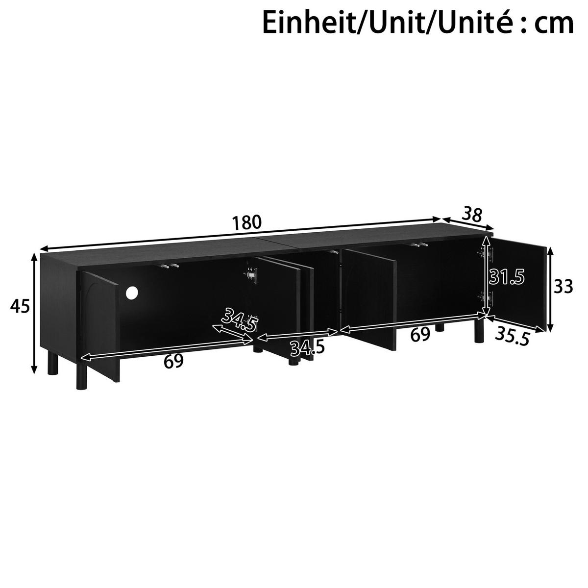 LOWBOARD 180/38/45 cm schwarz aus MDF mit 5 Türen - Schwarz, Holzwerkstoff (180/45/38cm) - OKWISH