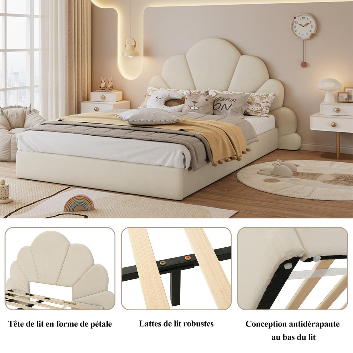 POLSTERBETT 140/200 cm in Beige Samt mit Blüten-Kopfteil - Beige, Holzwerkstoff/Textil (140/200cm) - STILVORA