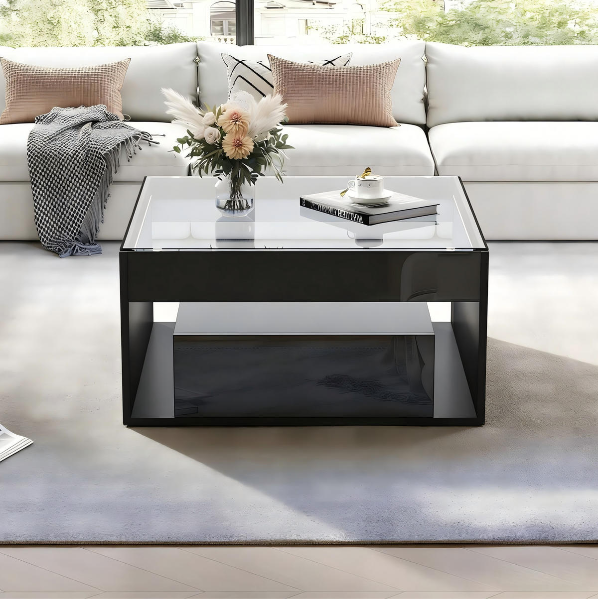 COUCHTISCH 70/70 cm mit 2 Schubladen, LED-Beleuchtung und Glasplatte - Schwarz, Holzwerkstoff (70/70/35cm) - BEAOK