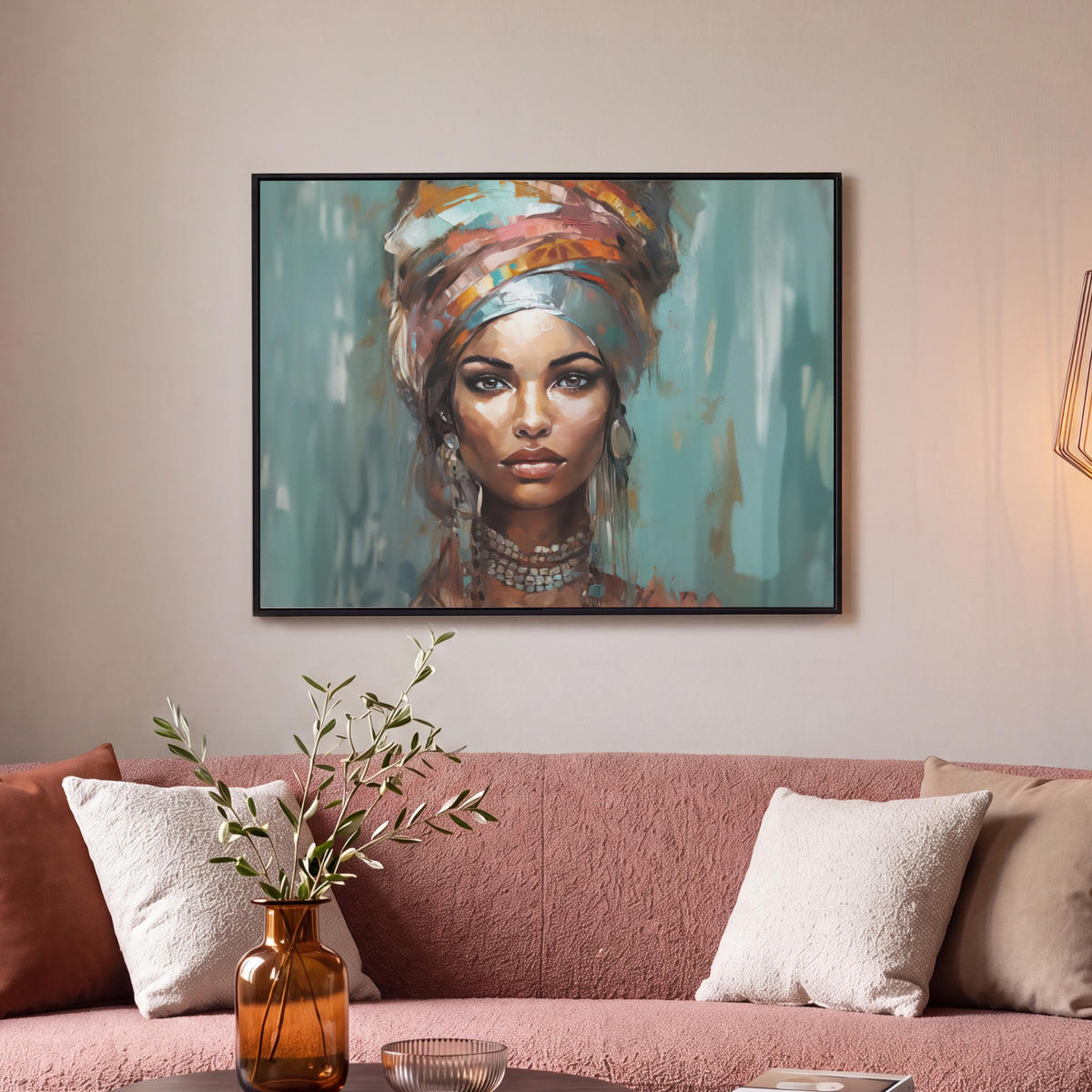 LEINWAND Bilder mit Rahmen - Frau - Kunst - Schmuck - Porträt - 70x50 - Blaugrau, Textil (70/50cm) - MuchoWow