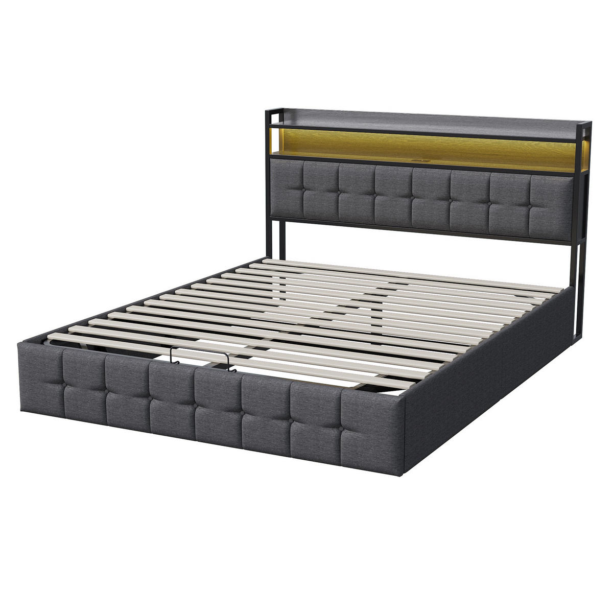 POLSTERBETT 160x200 cm Smart-Lift Pro mit Hydraulik-Stauraum, RGB-LED & Ladestation, Leinen-Optik, Grau - Grau, Textil (160/200cm) - DELFA