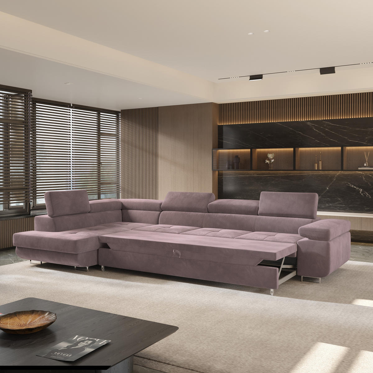 ECKSOFA VICENTE Lila Velours-Stoff mit Schlaffunktion - Lila, Holz (346/202cm) - MASSENO