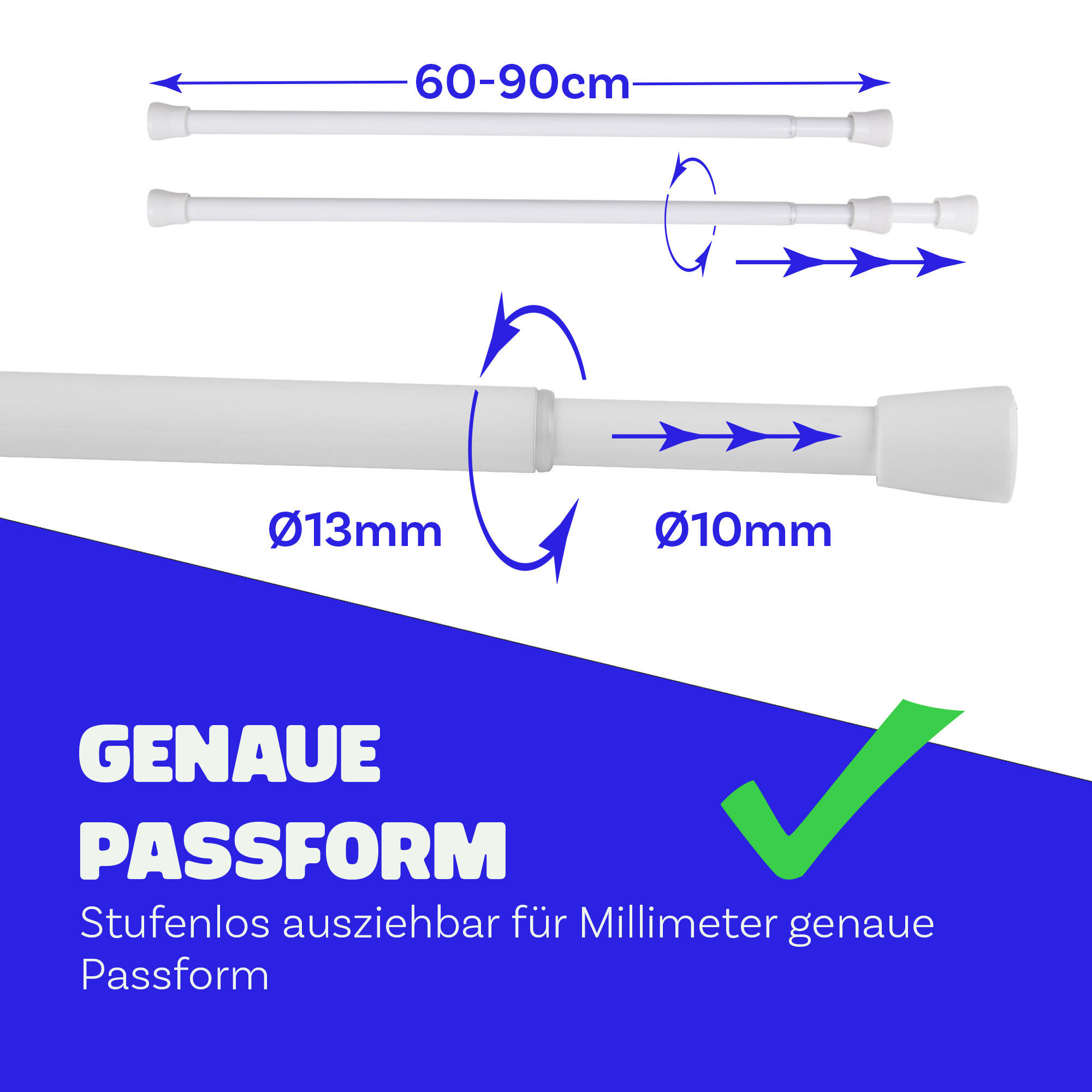 VERSTELLBARE Vorhangstange - Spannstange zum Klemmen Weiß Ø10/13 mm 60-90 cm - Weiß, Metall (60cm) - Bestlivings