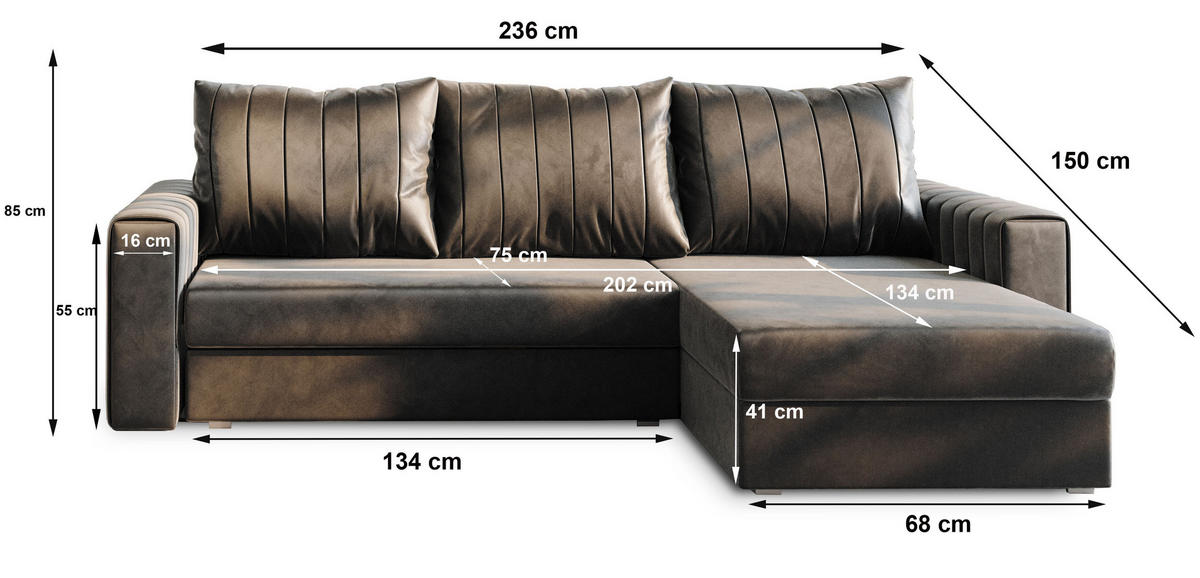 ECKSOFA CARL Beige Plüsch-Stoff mit Schlaffunktion - Beige, Holz (236/150cm) - MASSENO
