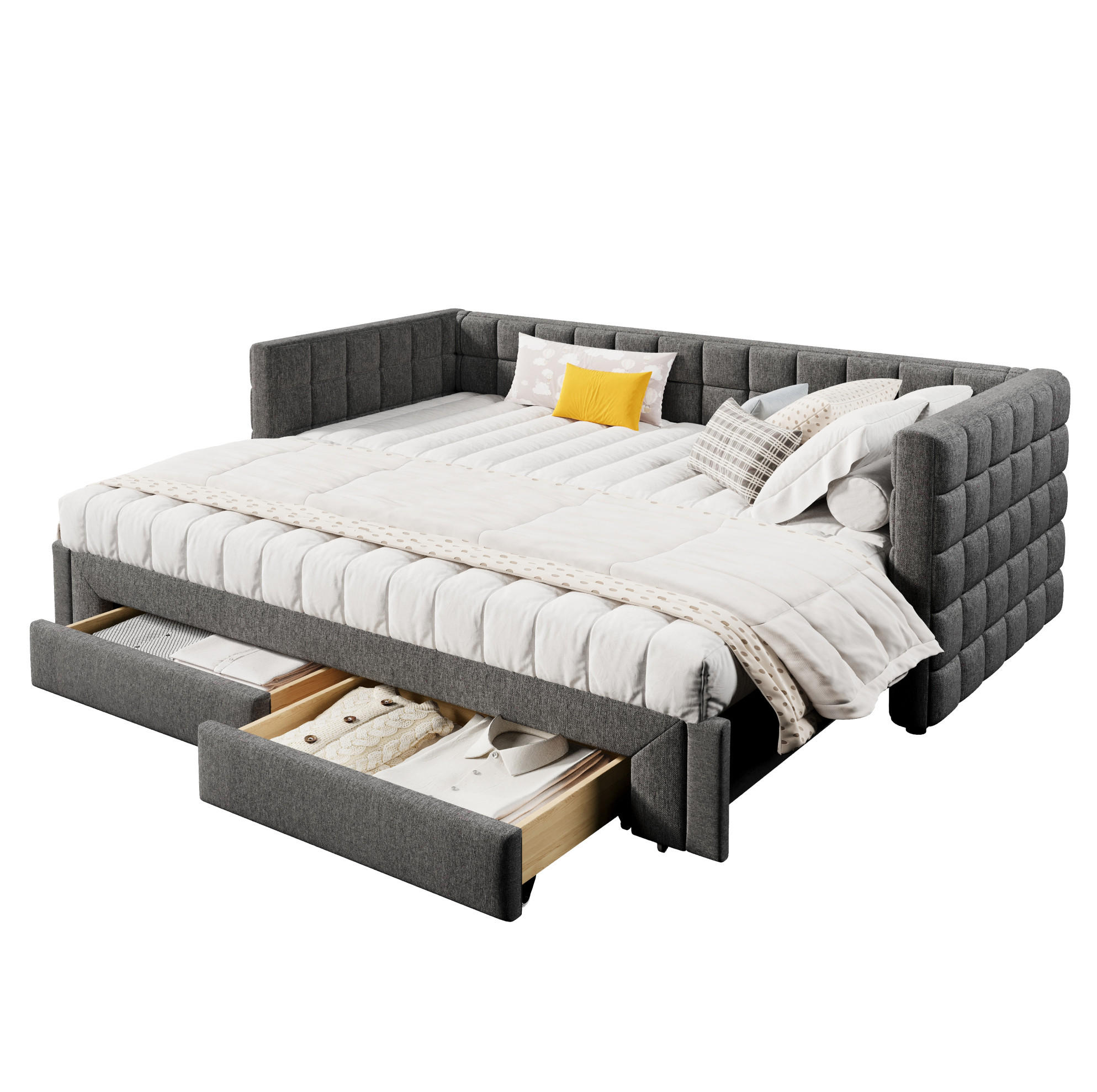 TAGESBETT aus Samt 90x200 cm Grau mit Ausziehfunktion, 2 Schubladen und quadratischer Rückenlehne - Grau, Textil (140/190cm) - Modfu