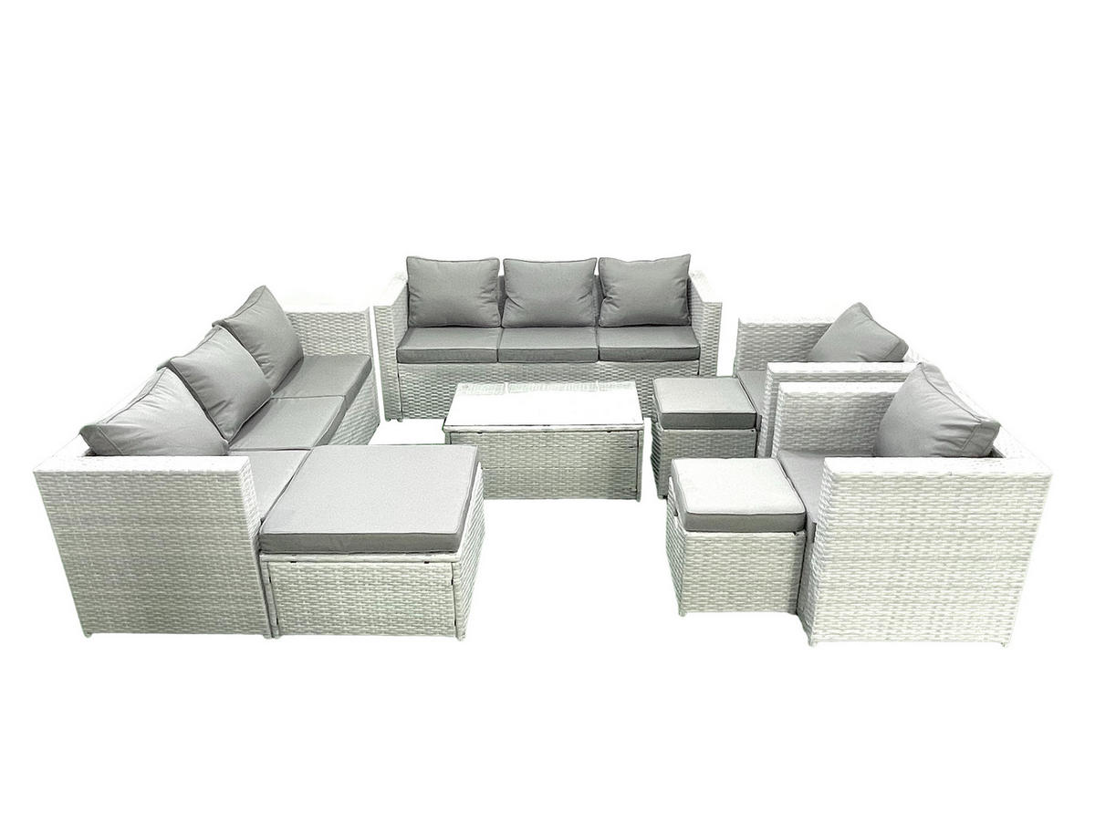 GARTENGARNITUR mit 3-SITZER SOFA,COUCHTISCH Polyrattan Hellgrau-Mix 11-Sitzer - Hellgrau/Grau, Glas/Kunststoff - Fimous