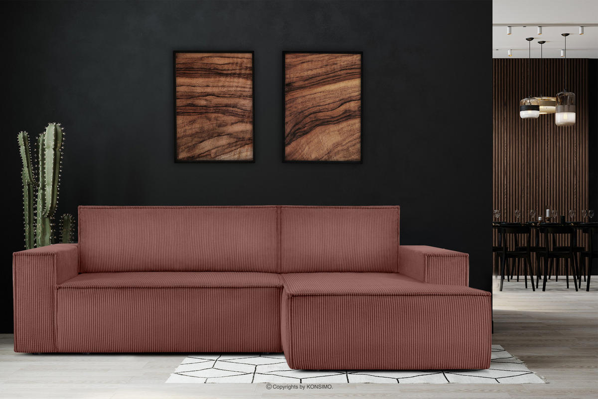 ECKSCHLAFSOFA-RECHTS NAPI in Pet Friendly Cord-Stoff, rosa - Pink/Schwarz, Textil (262/148cm) - KONSIMO®