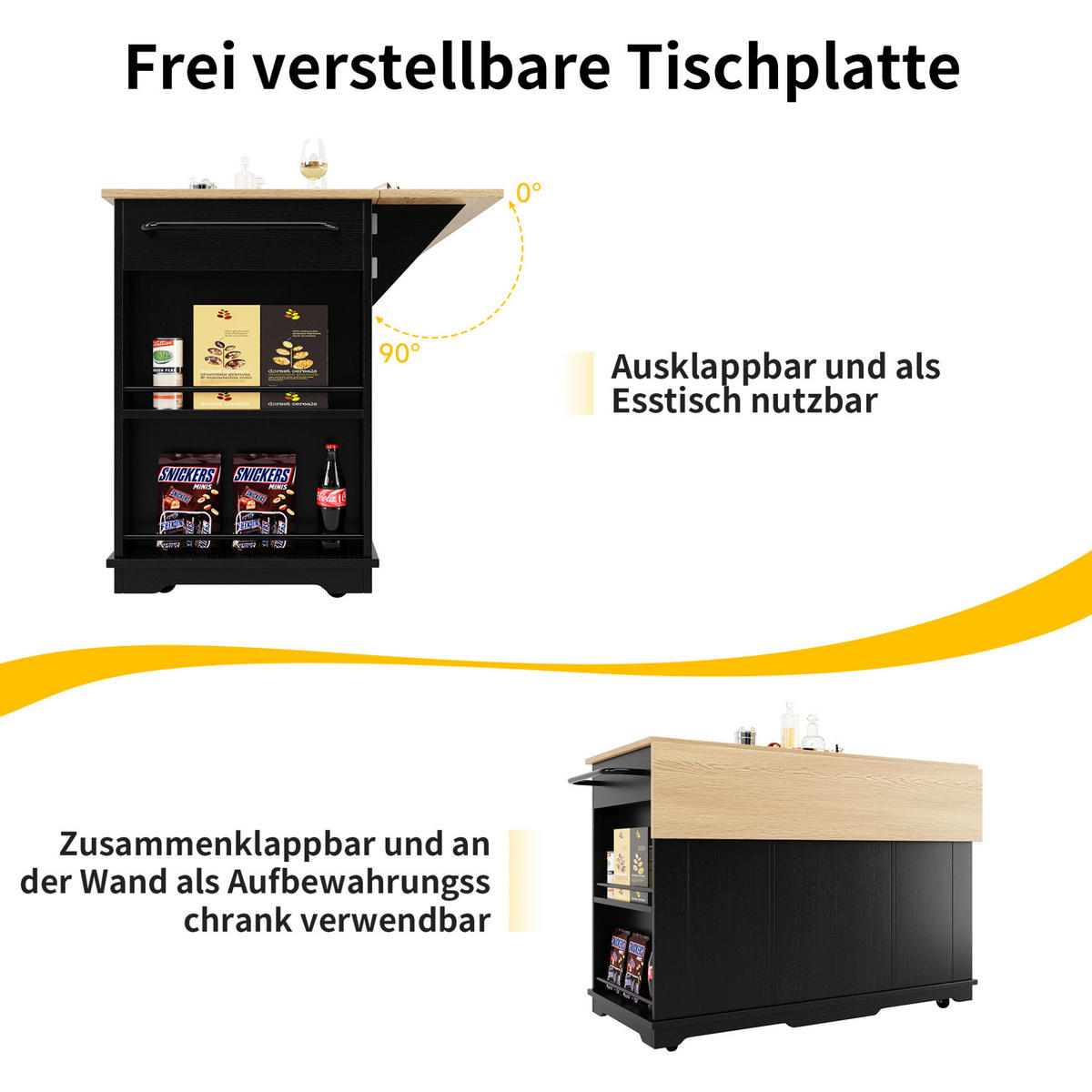 KÜCHENINSEL 151.5x85x91.7cm Schwarz mit Klapptisch & Schubladen - Schwarz, Holzwerkstoff (151.5/91.7/85cm) - Modfu