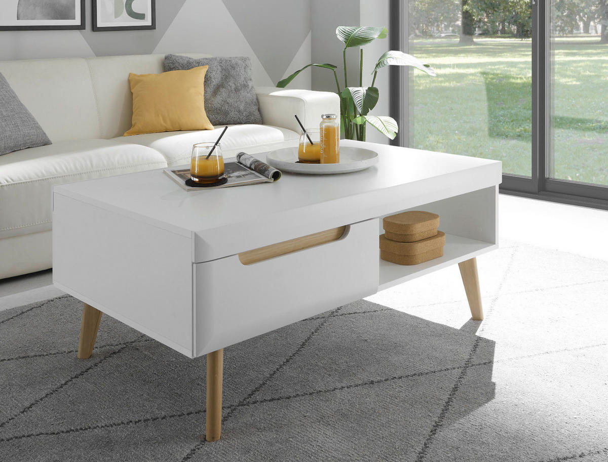 COUCHTISCH weiß matt, Eiche skandinavisch 107 x 67 cm, Wohnzimmertisch mit Stauraum - Eichefarben/Weiß, Holz/Holzwerkstoff (107/67/46cm) - Furn.Design