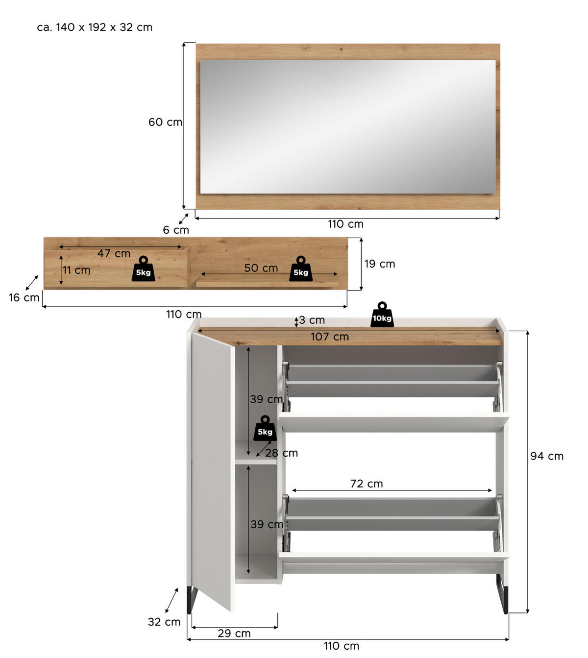 GARDEROBE-SET weiß und Artisan Eiche, Garderobe 3-teilig, 140 x 192 cm, Soft-Close, Borga - Schwarz/Weiß, Holzwerkstoff/Metall (140/192/32cm) - Inn.Furn