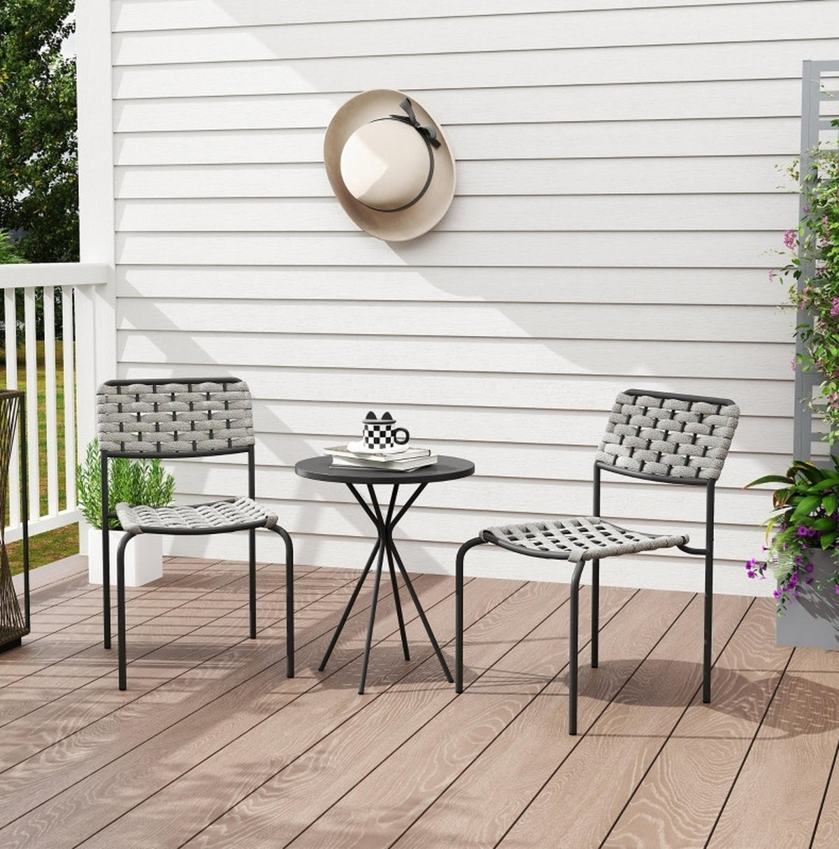 BISTROSET 46/60/80 cm grau aus Stahl mit 2 stapelbaren Stühlen - Grau, Metall - OKWISH
