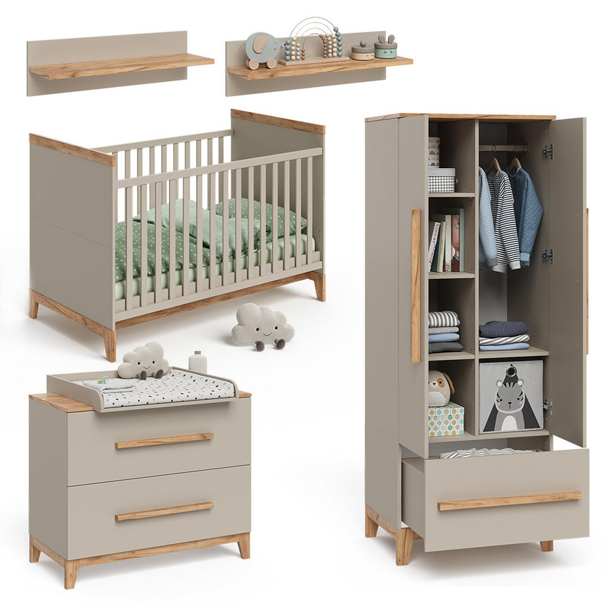 KINDERZIMMER-SET Malia Cashmere/Eiche 5 Teile - Kaschmir/Eichefarben, Holzwerkstoff (108/98/70cm) - VitaliSpa
