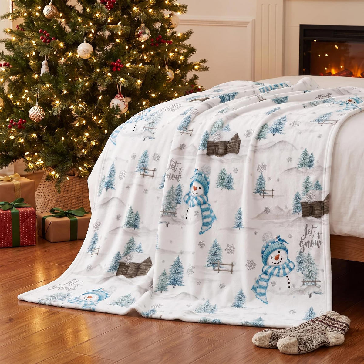 DECKE – Weihnachtsschneemann – 70 x 100 cm – Weiß - Weiß, Textil (70/100cm)