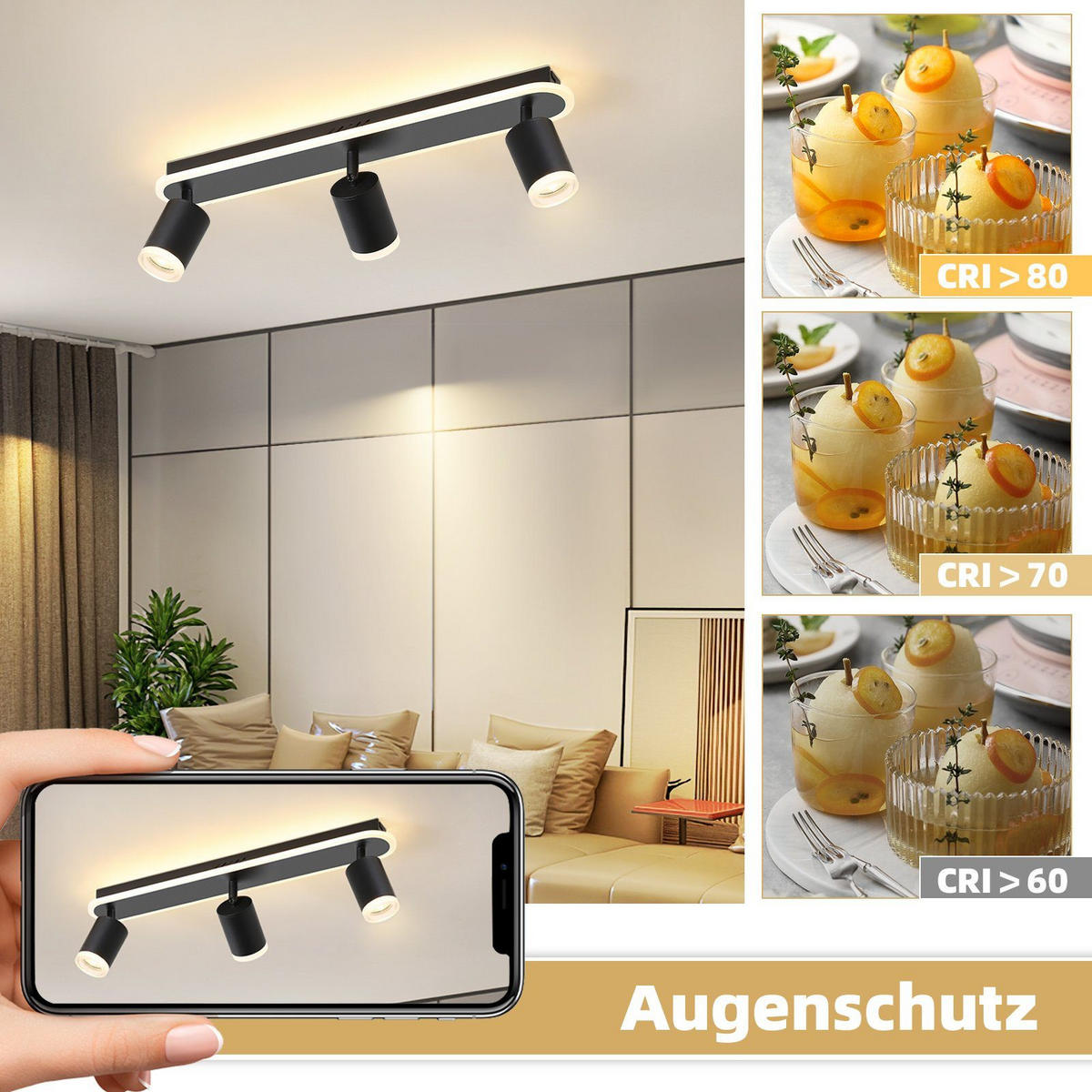 LED-DECKENLEUCHTE Lichtelf 3-flammig 48/6/9 cm - Schwarz, Kunststoff (48/6/9cm) - Nettlife