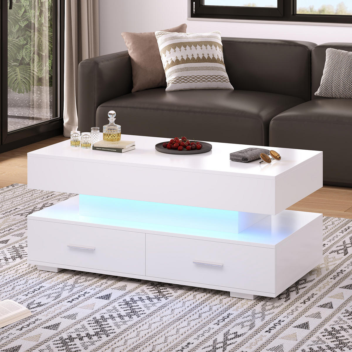 COUCHTISCH 100/50/44 cm weiß aus Spanplatte mit Höhenverstellung, LED-Beleuchtung und Stauraum - Weiß, Holzwerkstoff (100/50/44cm) - OKMYHOME