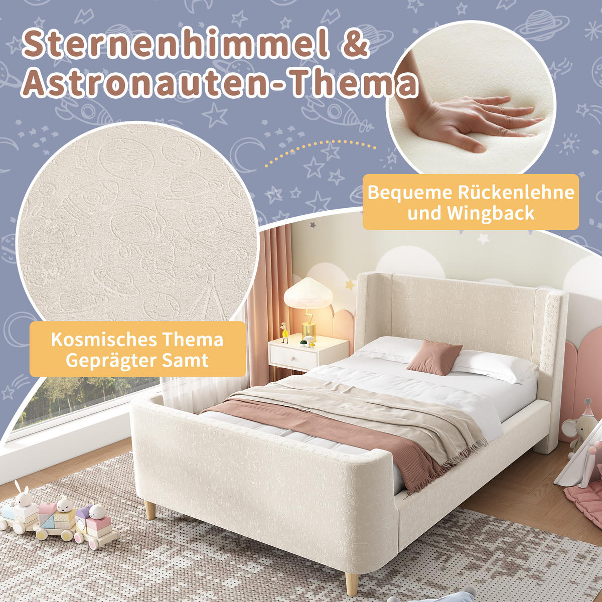 POLSTERBETT 90/200 cm mit Weltraum-Muster, Samtbezug & Lattenrost, Beige - Beige, Textil (90/200cm) - Redom