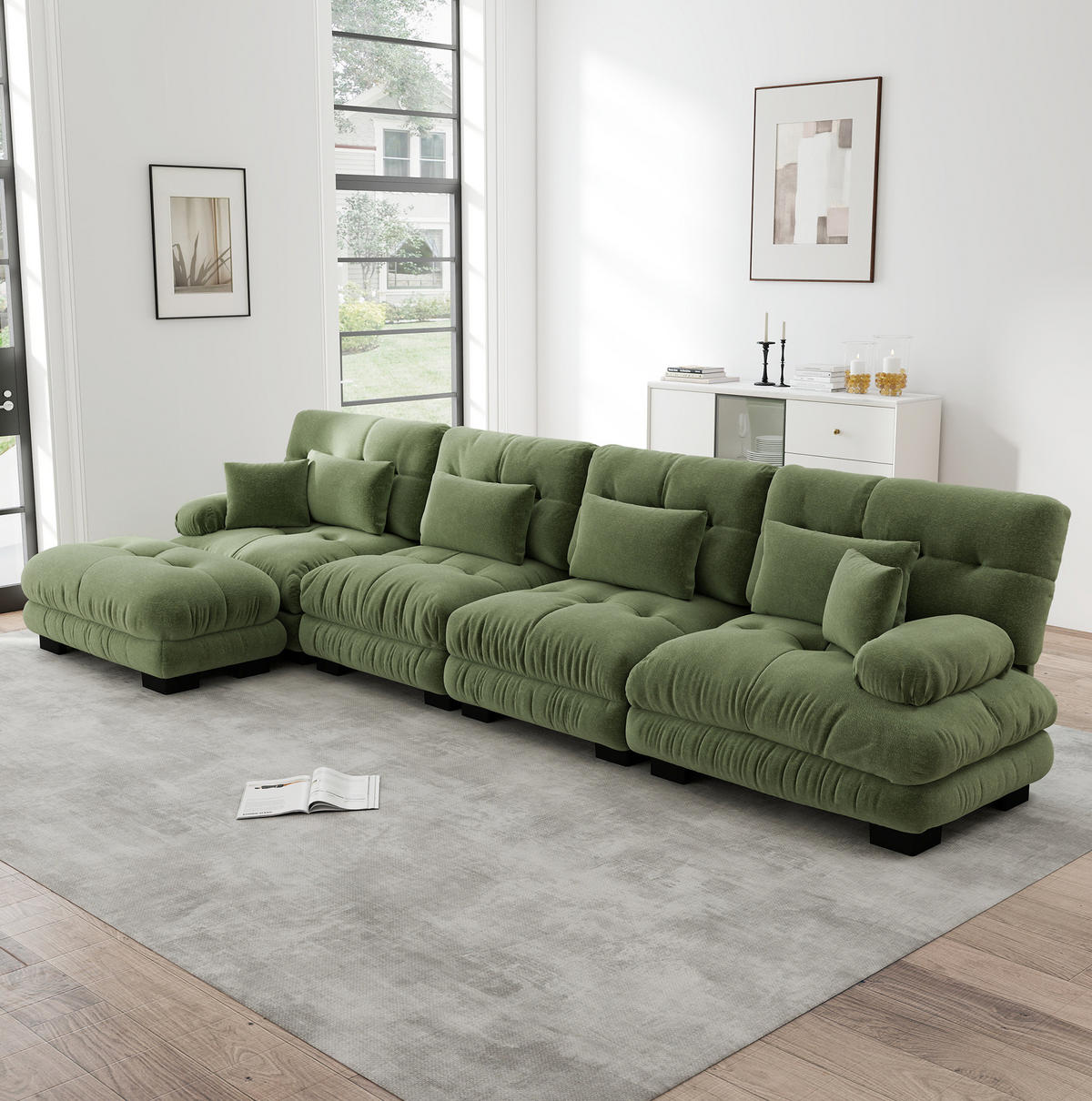 ROHOVÁ modulární pohovka z chenillu 406x145x81 cm zelená s pohyblivým taburetem a variabilním uspořádáním pro vysoké pohodlí - zelená barva, textil (145/406cm) - Modfu