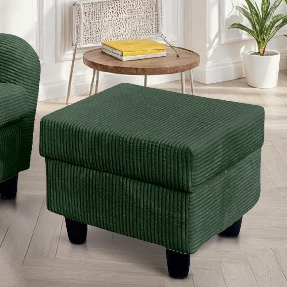 OHRENSESSEL mit HOCKER, hoher Sitzkomfort durch Wellenunterfederung B90/H98/T76 cm, Cord Dunkel-Grün / 18018 - Schwarz/Grün, Holz/Textil (90/98/76cm) - luma-home