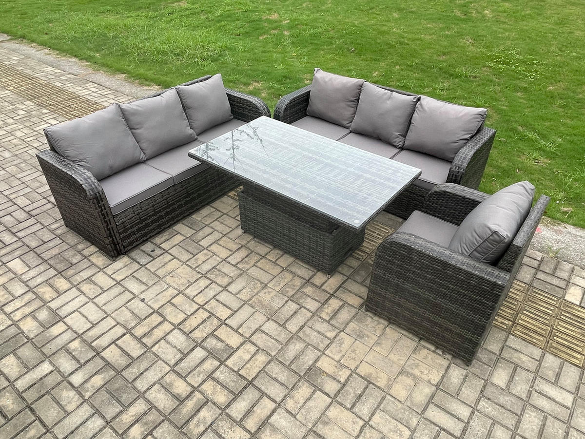 GARTENMÖBELSET mit Höhenverstellbarer Esstisch,Beistelltisch 7-Sitzer Grau - Dunkelgrau/Grau, Glas/Kunststoff - Fimous