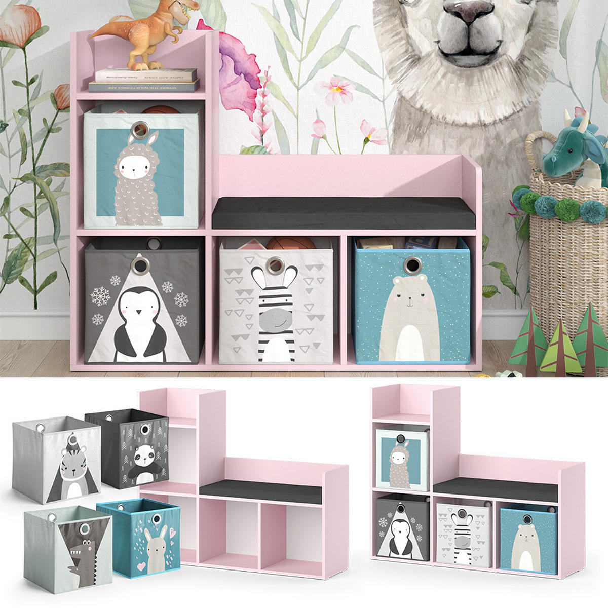 KINDERREGAL Luigi Rosa 107.2 x 88.6 cm mit 2 Faltboxen (grau) - Pink, Holzwerkstoff (107.2/88.6/30.9cm) - Vicco